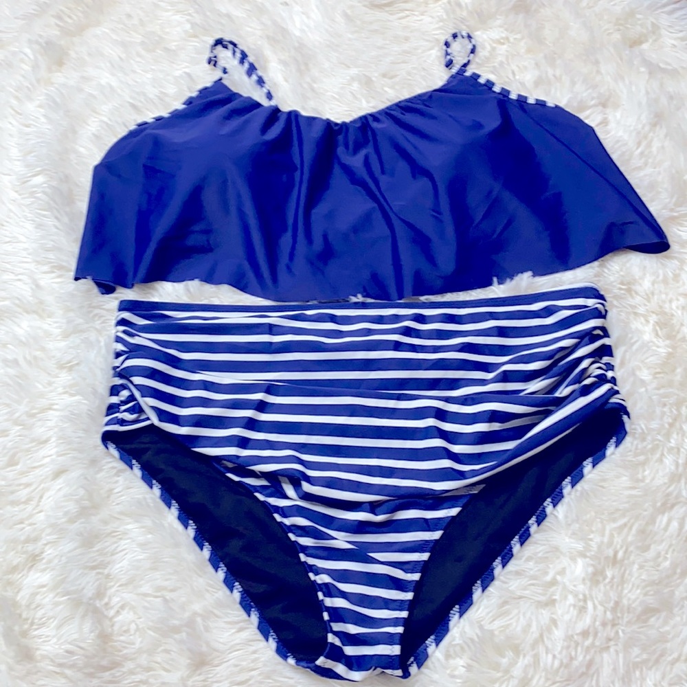 Nautical Blue White Striped Ruffle Top High Waisted Bikini Swimsuit Set Size 2X